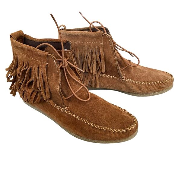 Zara Trafaluc Suede Booties 8 EU 38 Brown Fringed Moccasin Lace Up - Picture 8 of 9